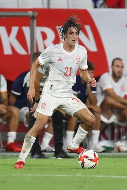 Bryan Gil of Spain in action during the U-24 international friendly match between Japan and Spain at the Noevir Stadium Kobe on July 17, 2021 in...