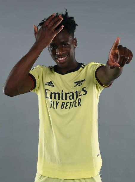 Arsenal's latest signing Albert Sambi Lokonga during his signing photoshoot at London Colney on July 19, 2021 in St Albans, England.