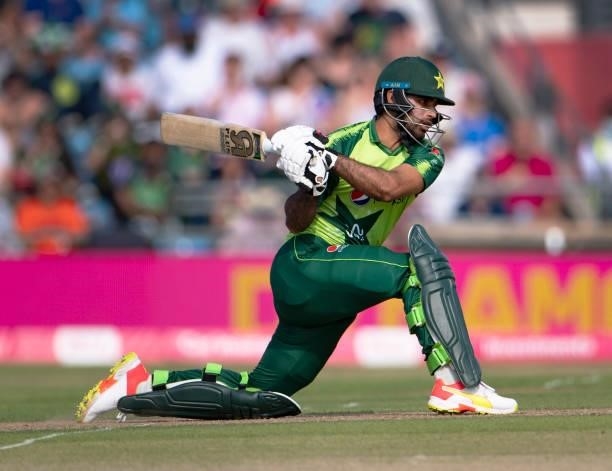 Fakhar Zaman of Pakistan batting during the 2nd T20I between England and Pakistan at Emerald Headingley Stadium on July 18, 2021 in Leeds, England.