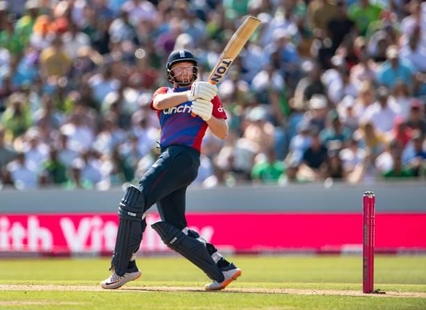 Jonny Bairstow of England batting during the 2nd T20I between England and Pakistan at Emerald Headingley Stadium on July 18, 2021 in Leeds, England.