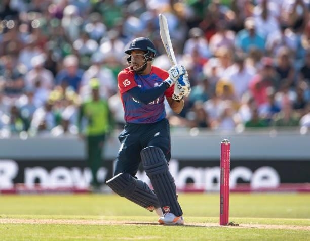 Chris Jordan of England batting during the 2nd T20I between England and Pakistan at Emerald Headingley Stadium on July 18, 2021 in Leeds, England.