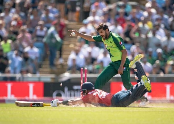 Haris Rauf of Pakistan runs out Liam Livingstone of England during the 2nd T20I between England and Pakistan at Emerald Headingley Stadium on July...