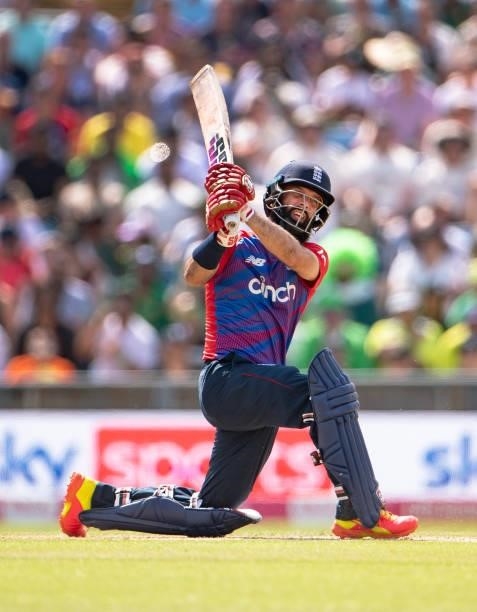 Moeen Ali of England batting during the 2nd T20I between England and Pakistan at Emerald Headingley Stadium on July 18, 2021 in Leeds, England.