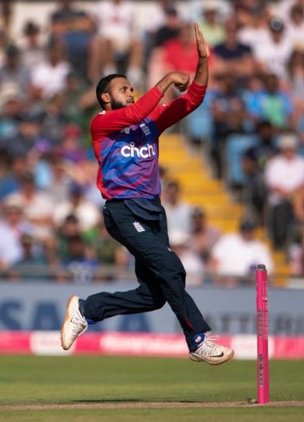 Adil Rashid of England bowling during the 2nd T20I between England and Pakistan at Emerald Headingley Stadium on July 18, 2021 in Leeds, England.