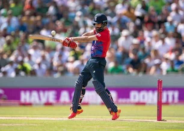 Moeen Ali of England batting during the 2nd T20I between England and Pakistan at Emerald Headingley Stadium on July 18, 2021 in Leeds, England.