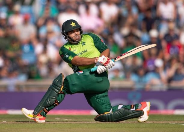 Azam Khan of Pakistan batting during the 2nd T20I between England and Pakistan at Emerald Headingley Stadium on July 18, 2021 in Leeds, England.