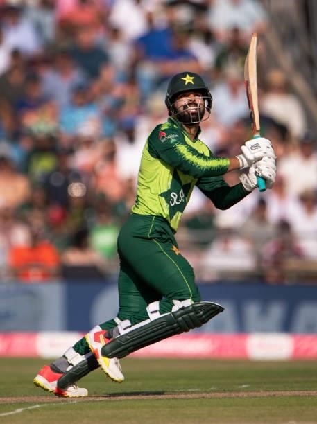 Shadab Khan of Pakistan batting during the 2nd T20I between England and Pakistan at Emerald Headingley Stadium on July 18, 2021 in Leeds, England.