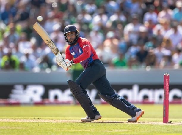 Adil Rashid of England batting during the 2nd T20I between England and Pakistan at Emerald Headingley Stadium on July 18, 2021 in Leeds, England.