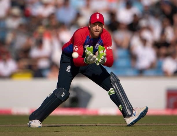 England wicketkeeper Jos Buttler during the 2nd T20I between England and Pakistan at Emerald Headingley Stadium on July 18, 2021 in Leeds, England.