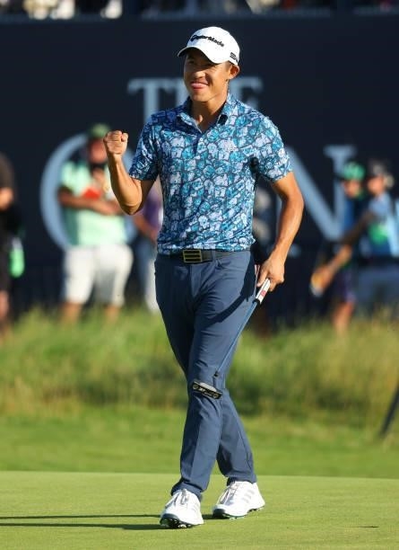 Collin Morikawa of the United States celebrates on the 18th hole after winning The 149th Open at Royal St George’s Golf Club on July 18, 2021 in...