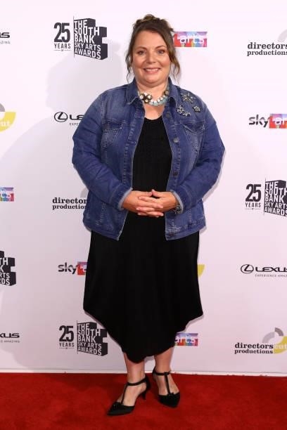 Joanna Scanlan presents the Film Award for 'Rocks' to Afi Okaidja and Bukky Bakray at The South Bank Sky Arts Awards at The Savoy on July 19, 2021 in...