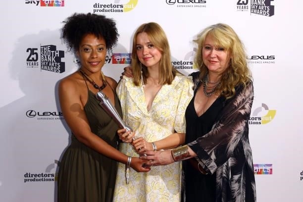 Sonia Friedman accepts the Theatre Award on behalf of Uncle Vanya with Rosalind Eleazar and Aimee Lou Wood The South Bank Sky Arts Awards at The...