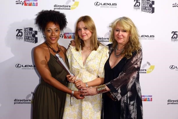 Sonia Friedman accepts the Theatre Award on behalf of Uncle Vanya with Rosalind Eleazar and Aimee Lou Wood The South Bank Sky Arts Awards at The...