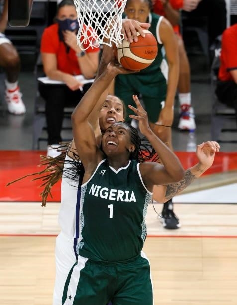Brittney Griner of the United States blocks a shot by Elizabeth Williams of Nigeria during an exhibition game at Michelob ULTRA Arena ahead of the...