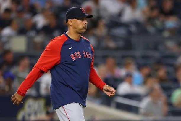 Manager Alex Cora of the Boston Red Sox in action during a game against the New York Yankees at Yankee Stadium on July 18, 2021 in New York City.