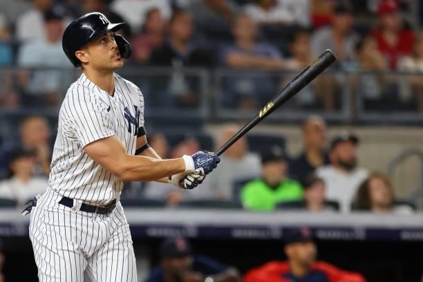 Giancarlo Stanton of the New York Yankees in action against the Boston Red Sox during a game at Yankee Stadium on July 18, 2021 in New York City.