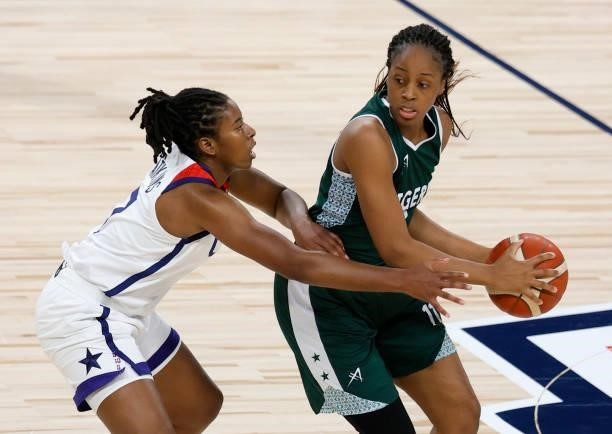 Ariel Atkins of the United States guards Adaora Elonu of Nigeria during an exhibition game at Michelob ULTRA Arena ahead of the Tokyo Olympic Games...
