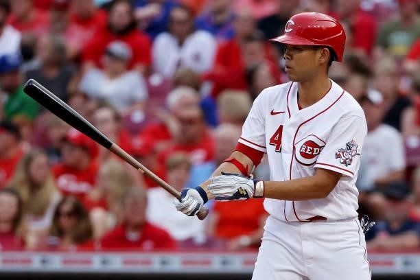 Shogo Akiyama of the Cincinnati Reds bats at Great American Ball Park on July 19, 2021 in Cincinnati, Ohio.