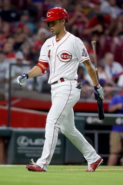 Shogo Akiyama of the Cincinnati Reds walks back to the dugout after striking out in the fifth inning against the New York Mets at Great American Ball...