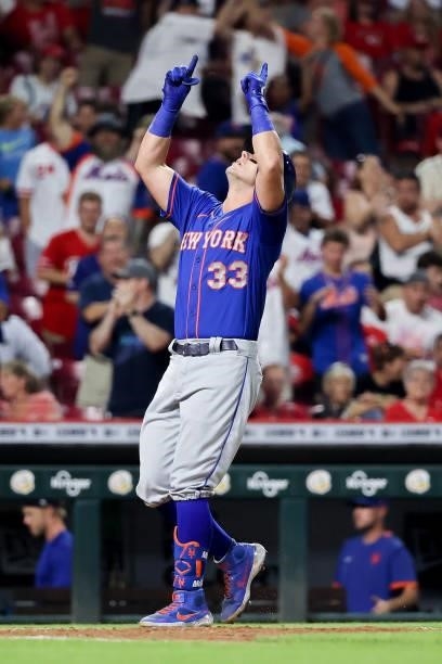 James McCann of the New York Mets rounds the bases after hitting a home run in the eighth inning against the Cincinnati Reds at Great American Ball...