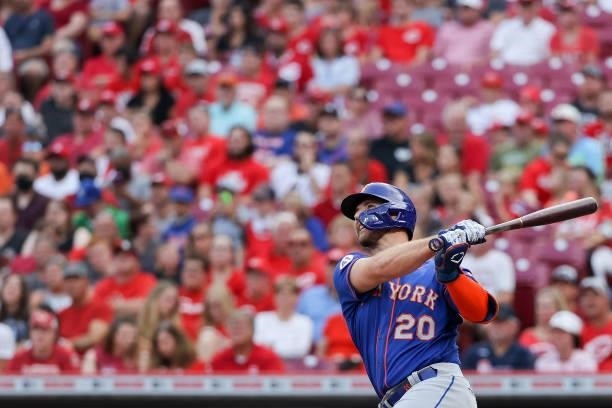 Pete Alonso of the New York Mets hits a home run in the first inning against the Cincinnati Reds at Great American Ball Park on July 19, 2021 in...