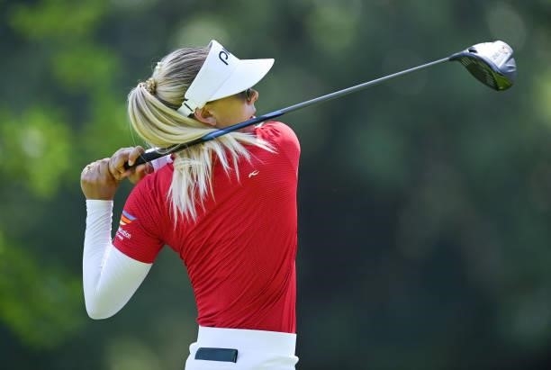 Pernilla Lindberg of Sweden plays a shot during previews ahead of the The Amundi Evian Championship at Evian Resort Golf Club on July 20, 2021 in...