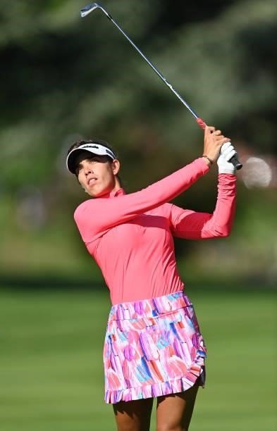 Maria Fassi of Mexico plays a shot during previews ahead of the The Amundi Evian Championship at Evian Resort Golf Club on July 20, 2021 in...