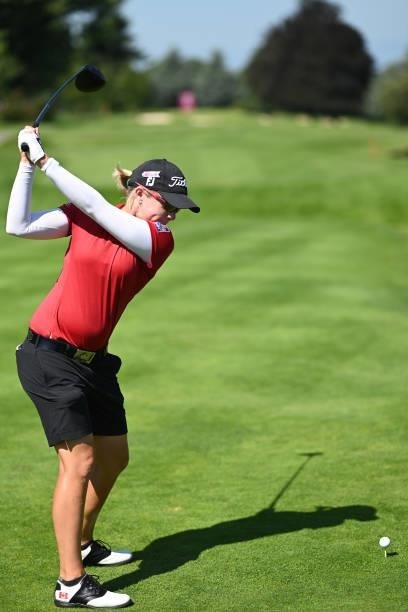 Ashleigh Buhai of South Africa plays a shot during previews ahead of the The Amundi Evian Championship at Evian Resort Golf Club on July 20, 2021 in...