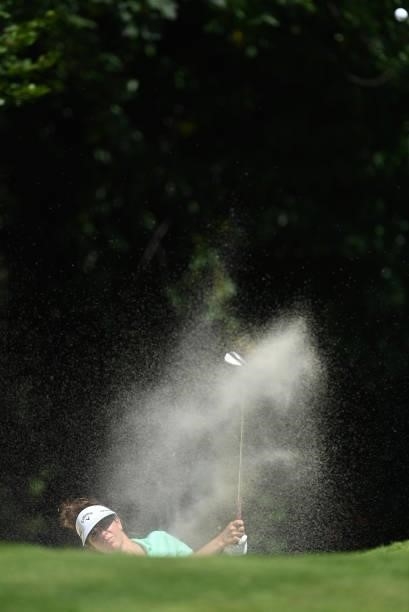 Dana Finkelstein of USA plays a shot during previews ahead of the The Amundi Evian Championship at Evian Resort Golf Club on July 20, 2021 in...