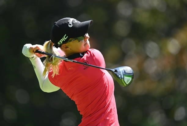 Ashleigh Buhai of South Africa plays a shot during previews ahead of the The Amundi Evian Championship at Evian Resort Golf Club on July 20, 2021 in...