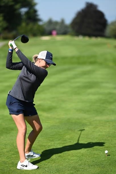 Sarah Kemp of Australia plays a shot during previews ahead of the The Amundi Evian Championship at Evian Resort Golf Club on July 20, 2021 in...