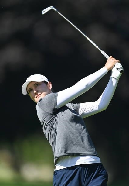Lindy Duncan of USA plays a shot during previews ahead of the The Amundi Evian Championship at Evian Resort Golf Club on July 20, 2021 in...