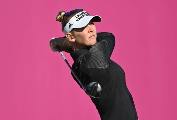 Jessica Korda of USA plays a shot during previews ahead of the The Amundi Evian Championship at Evian Resort Golf Club on July 20, 2021 in...