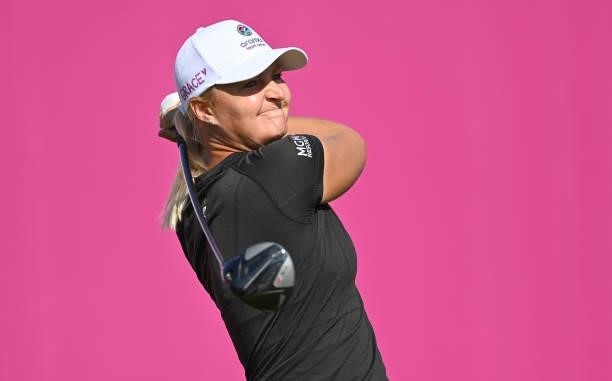 Anna Nordqvist of Sweden plays a shot during previews ahead of the The Amundi Evian Championship at Evian Resort Golf Club on July 20, 2021 in...