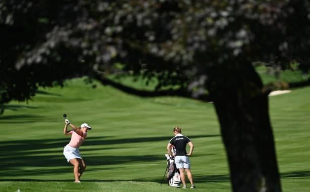 Leonie Harm of Germany plays a shot during previews ahead of the The Amundi Evian Championship at Evian Resort Golf Club on July 20, 2021 in...