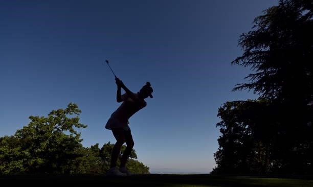 Alison Lee of USA plays a shot during previews ahead of the The Amundi Evian Championship at Evian Resort Golf Club on July 20, 2021 in...