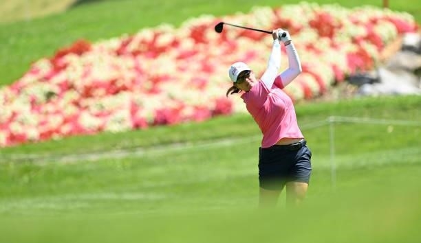 Caroline Mason of Germany plays a shot during previews ahead of the The Amundi Evian Championship at Evian Resort Golf Club on July 20, 2021 in...
