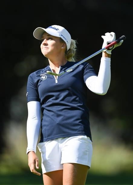 Pauline Rousson-Bouchard of France plays a shot during previews ahead of the The Amundi Evian Championship at Evian Resort Golf Club on July 20, 2021...