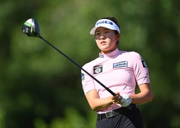 Jennifer Chang of USA plays a shot during previews ahead of the The Amundi Evian Championship at Evian Resort Golf Club on July 20, 2021 in...