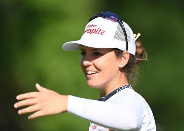 Christine Wolf of Austria gestures during previews ahead of the The Amundi Evian Championship at Evian Resort Golf Club on July 20, 2021 in...