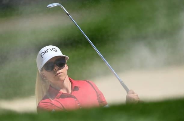 Pernilla Lindberg of Sweden plays a shot during previews ahead of the The Amundi Evian Championship at Evian Resort Golf Club on July 20, 2021 in...