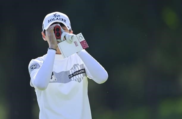 Sung Hyun Park of Korea measures a distance previews ahead of the The Amundi Evian Championship at Evian Resort Golf Club on July 20, 2021 in...