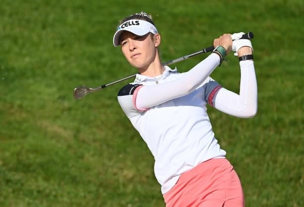 Nelly Korda of USA plays a shot during previews ahead of the The Amundi Evian Championship at Evian Resort Golf Club on July 20, 2021 in...