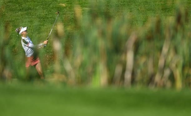 Nelly Korda of USA plays a shot during previews ahead of the The Amundi Evian Championship at Evian Resort Golf Club on July 20, 2021 in...