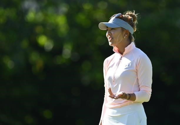 Alison Lee of USA gestures during previews ahead of the The Amundi Evian Championship at Evian Resort Golf Club on July 20, 2021 in Evian-les-Bains,...