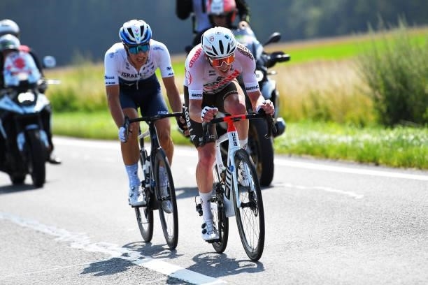 Jenthe Biermans of Belgium and Team Israel Start-Up Nation & Stan Dewulf of Belgium and AG2R Citröen Team in the Breakaway during the 42nd Tour de...