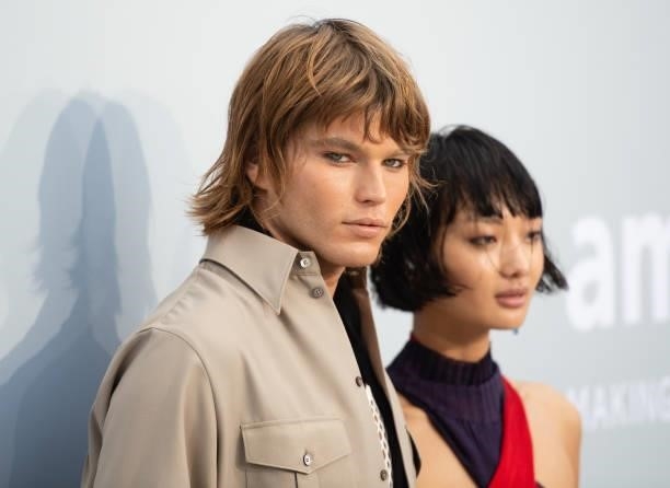Jordan Barrett and Mao Xiaoxing attend the amfAR Cannes Gala 2021 during the 74th Annual Cannes Film Festival at Villa Eilenroc on July 16, 2021 in...