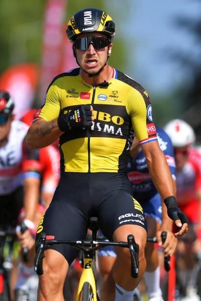 Dylan Groenewegen of Netherlands and Team Jumbo - Visma celebrates at arrival during the 42nd Tour de Wallonie 2021, Stage 1 a 185,7km stage from...