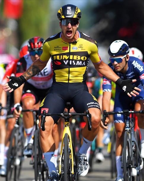 Dylan Groenewegen of Netherlands and Team Jumbo - Visma celebrates at arrival during the 42nd Tour de Wallonie 2021, Stage 1 a 185,7km stage from...