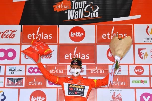 Dylan Groenewegen of Netherlands and Team Jumbo - Visma Red Leader Jersey celebrates at podium during the 42nd Tour de Wallonie 2021, Stage 1 a...